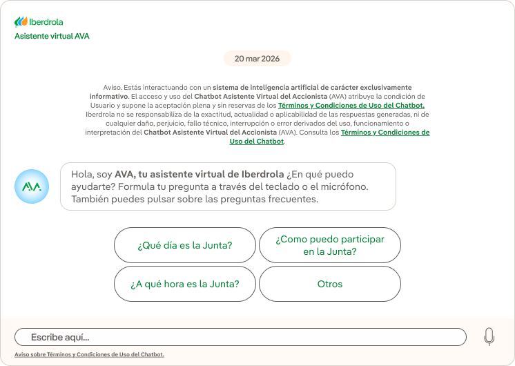 AVA permite introducir la consulta por escrito o por voz*, además de mostrar las preguntas más frecuentes.