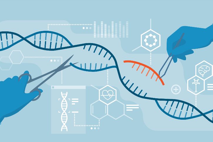 Image has a light blue background with a strand of DNA pictured. One hand cuts a section of DNA, another hand inserts a new section into another place on the DNA strand. There are various decorative designs in the background. 