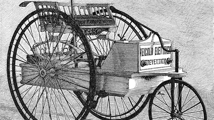 Ilustração de um modelo de triciclo elétrico de 1894.