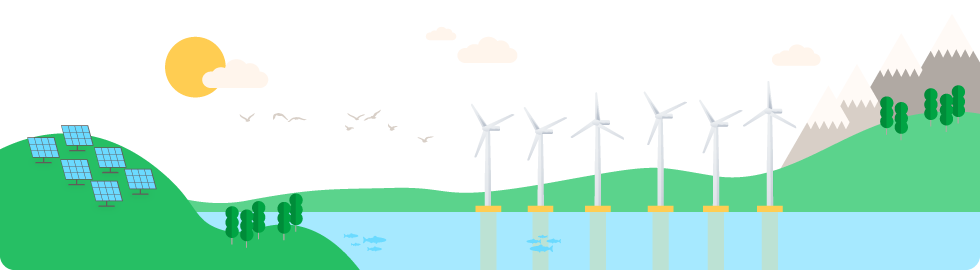 Ilustração de um parque eólico em terra e uma usina fotovoltaica.