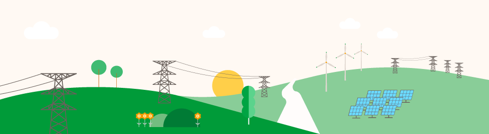 Ilustración de un parque eólico terrestre y una planta fotovoltaica.