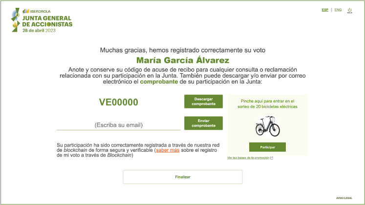 Pantalla de registro del voto del accionista en el Portal de Participación