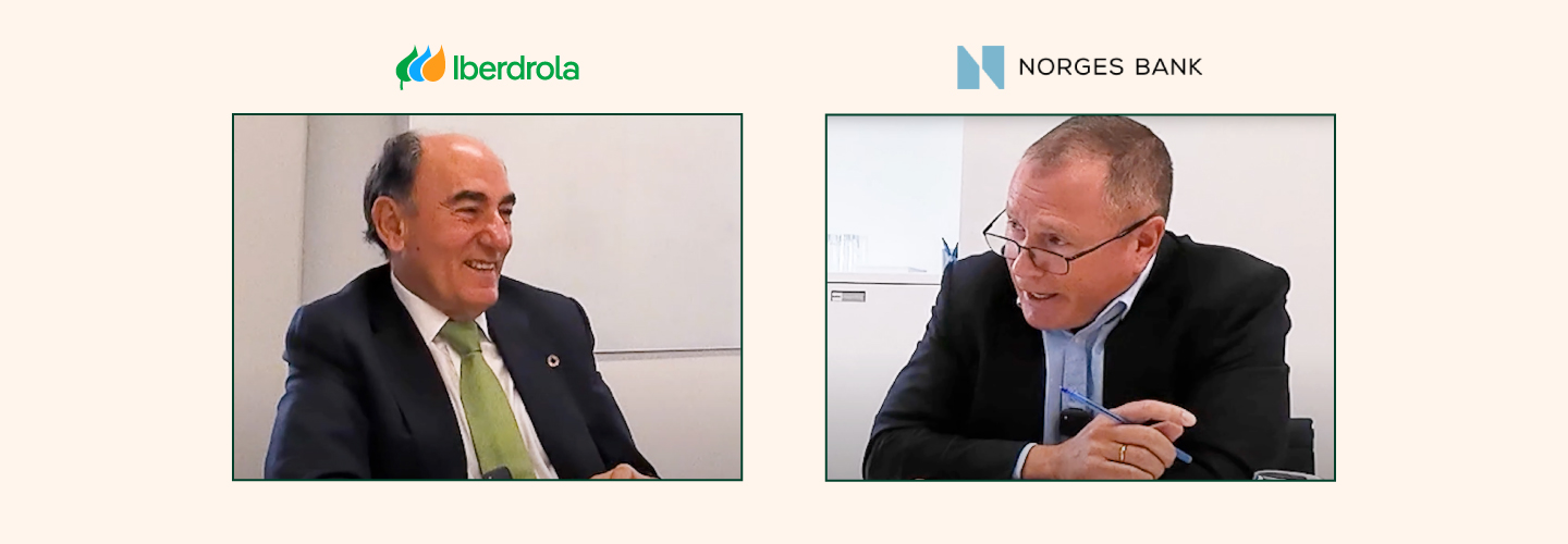 Imagen en la que aparecen Nicolai Tangen, CEO de Norges Bank Investment Management, e Ignacio Galán.