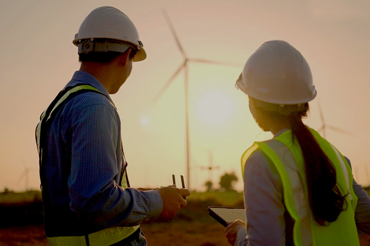 Workers at a wind farm