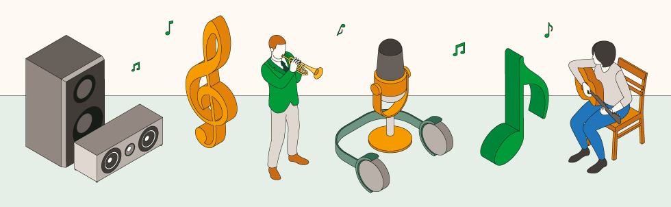 Ilustração de pessoas tocando instrumentos musicais