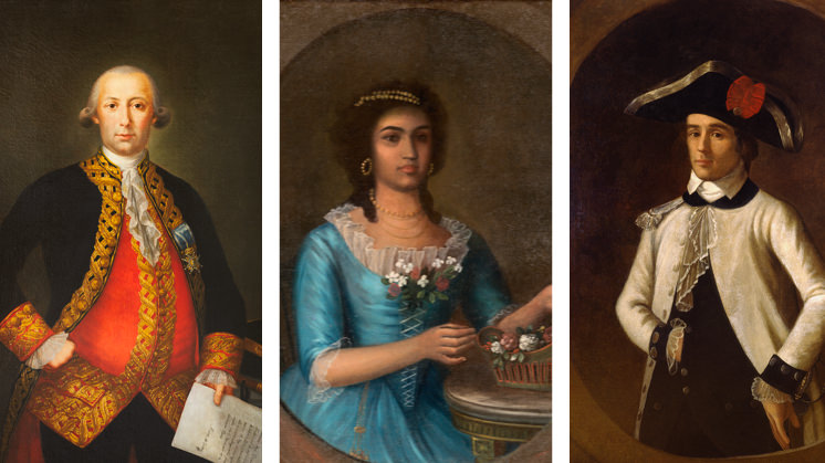 Retratos originais de Bernardo de Gálvez, Marianne Celeste Dragon e Ignacio de Balderes.