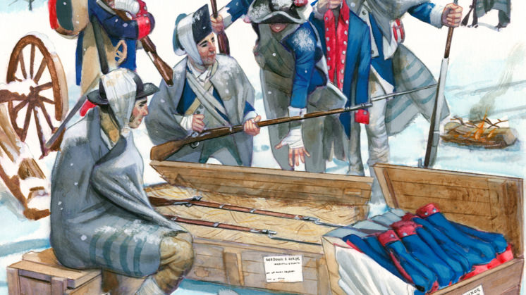 Suprimentos espanhóis chegam às tropas de Washington em 1777 (Ilustração de F. Vicente).