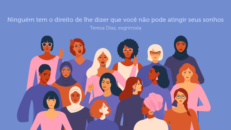 Ilustração de várias mulheres e frase de Teresa Díaz, esgrimista.