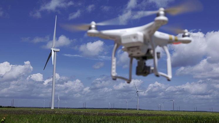 Drone flying over the Amazon US East wind farm (North Carolina, US).