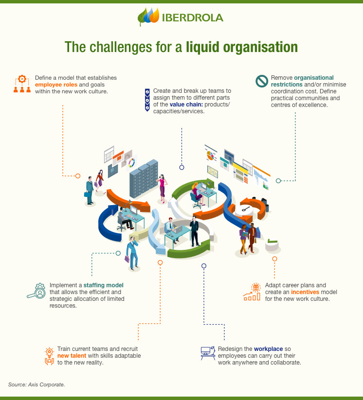 The way of working in a liquid organisation becomes more agile and flexible.