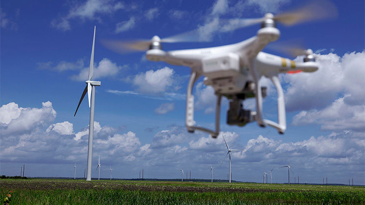 Drone in wind farm.