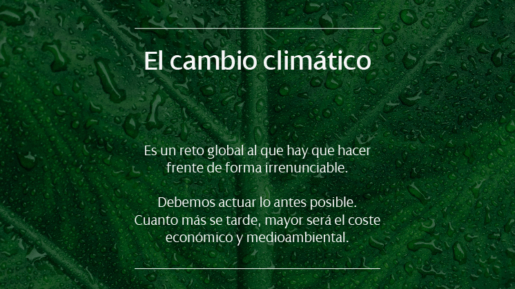 El cambio climático es un reto global al que hay que hacer frente de forma irrenunciable. Debemos actuar lo antes posible. Cuanto más se tarde, mayor será el coste económico y medioambiental..