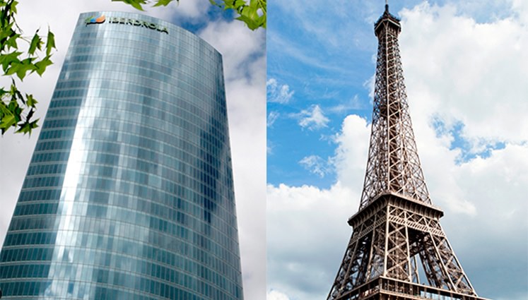 Iberdrola Tower and Eiffel Tower in Paris.