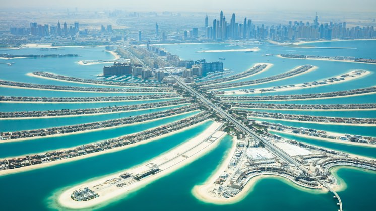 The artificial island of Palm Jumeirah, the largest in the world, in Dubai.