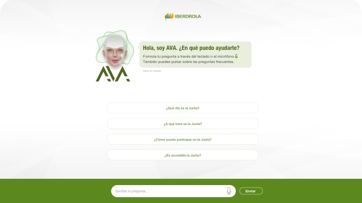 AVA lhe permite introduzir sua consulta por escrito ou por voz*; além disso, mostra as perguntas mais frequentes.