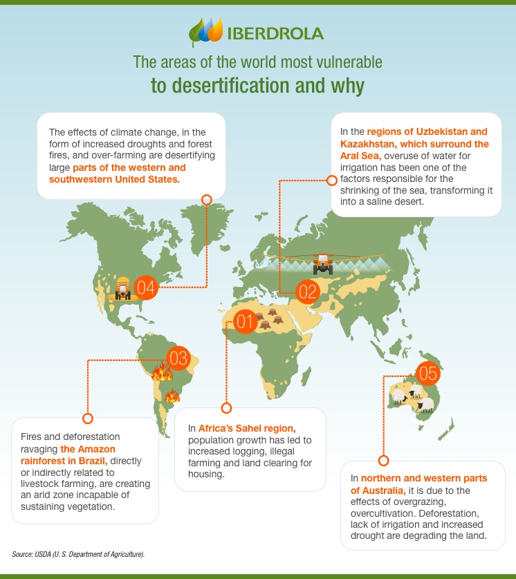 The areas of the world most vulnerable to desertification and why.