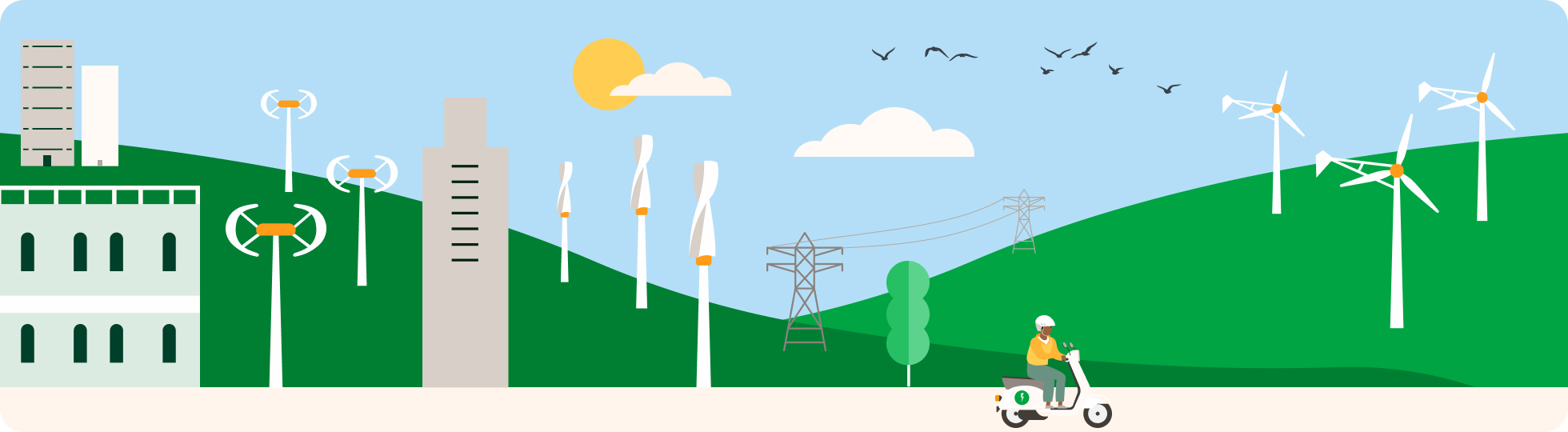 Two examples of vertical axis wind turbines (spiral blades and helical blades) and one example of horizontal axis wind turbines.