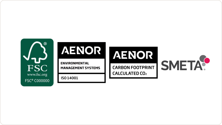 Certifications: FSC, AENOR ISO-14001, Carbon footprint and SMETA
