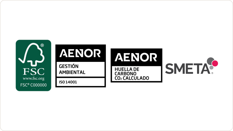 Certificaciones: FSC, AENOR ISO-14001, Huella de carbono y SMETA