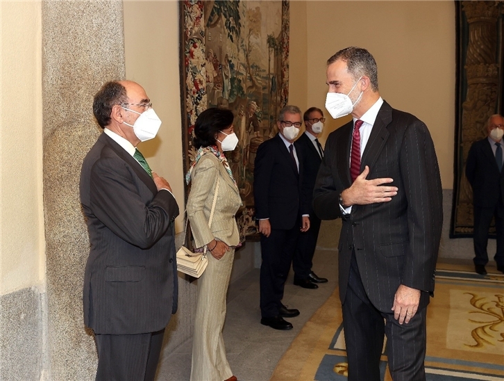 Ignacio Galán saluda a S. M. el rey Felipe VI durante la reunión del Patronato del Real Instituto Elcano