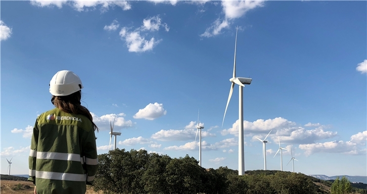 Operario de Iberdrola frente a un aerogenerador en el parque 