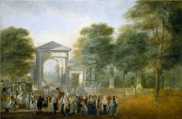 El Jardín Botánico desde el Paseo del Prado. Luis Paret y Alcázar. Hacia 1790. Óleo sobre tabla. Madrid, Museo Nacional del Prado.