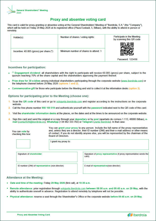 Proxy and voting card with QR code to access the participation portal