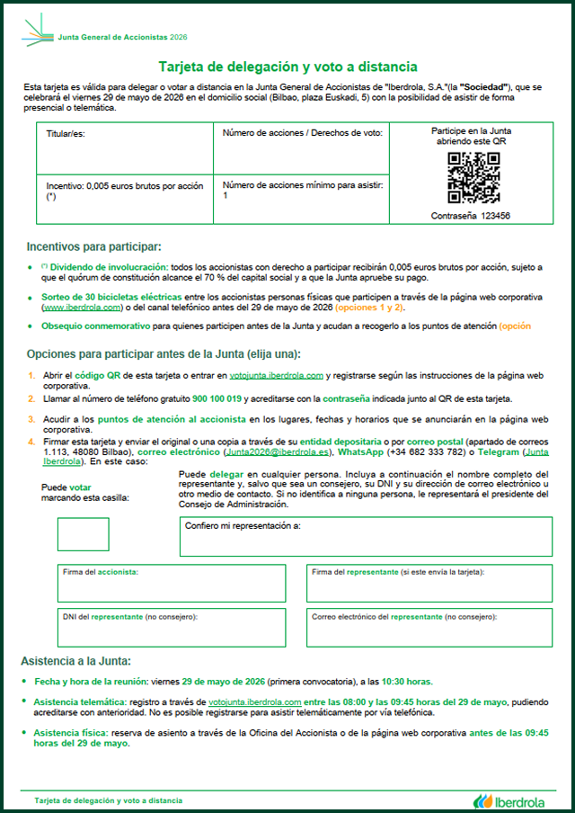 Tarjeta de delegación y voto con código QR para acceder al Portal de participación