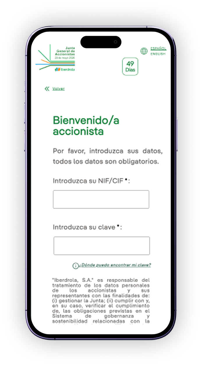 Pantalla de identificación para accionistas personas físicas