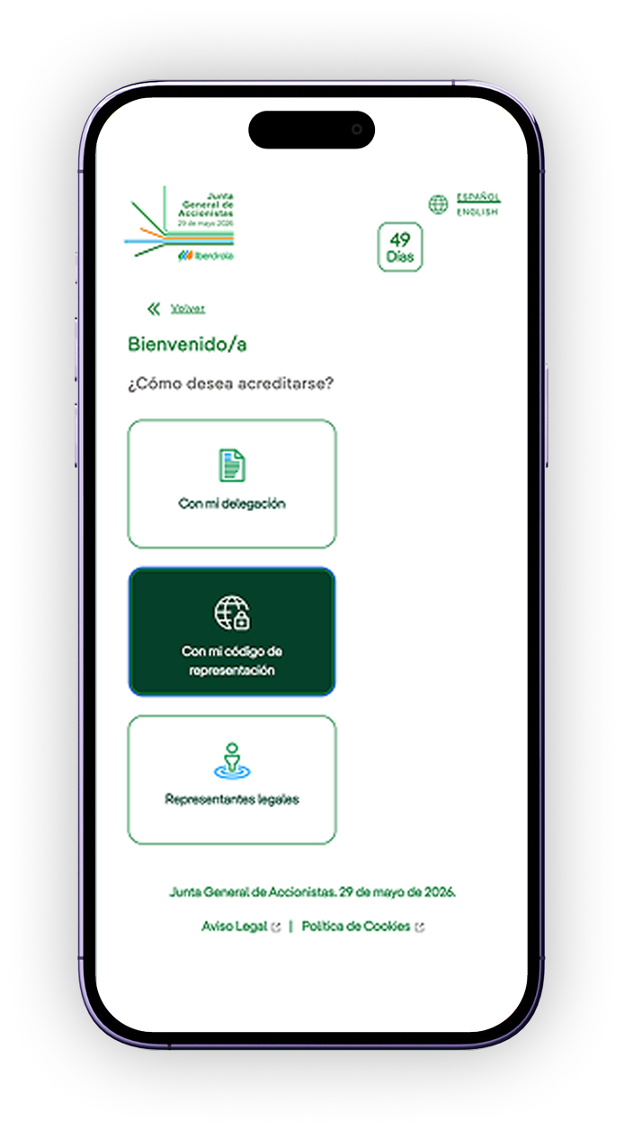 Pantalla para acceder con código de representación