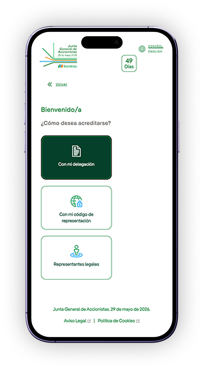Pantalla para solicitar código de representación con delegación
