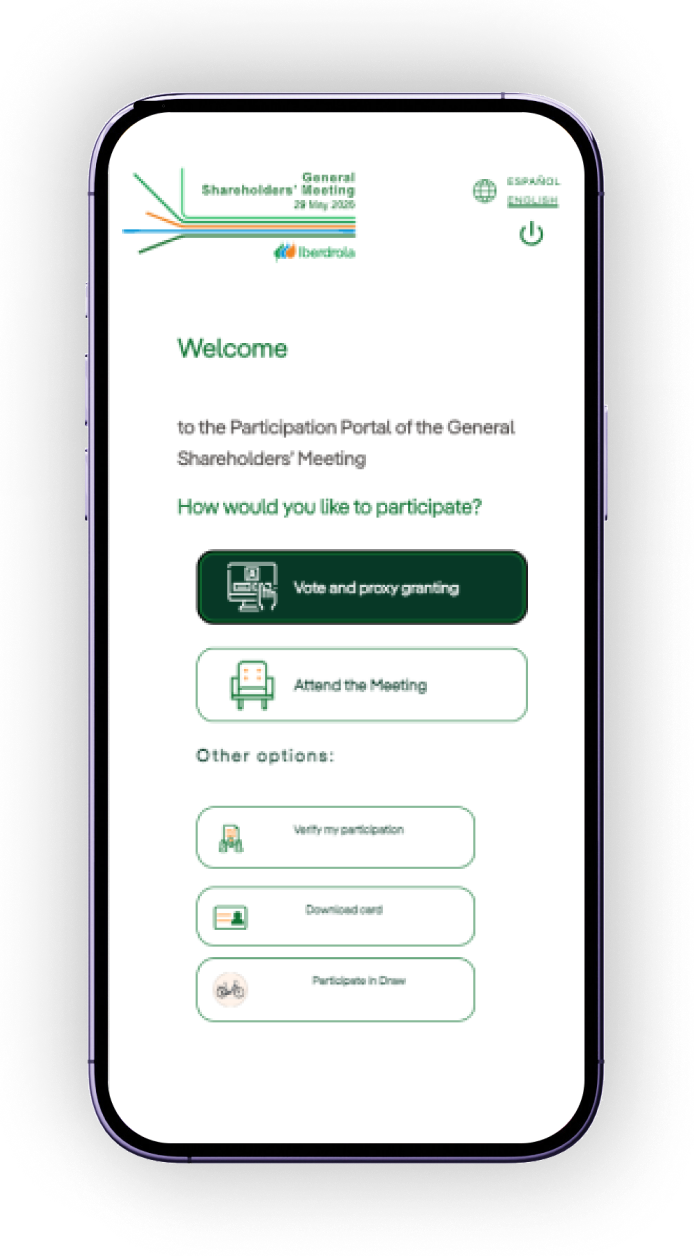 Participation portal screen with voting or proxy delegation options