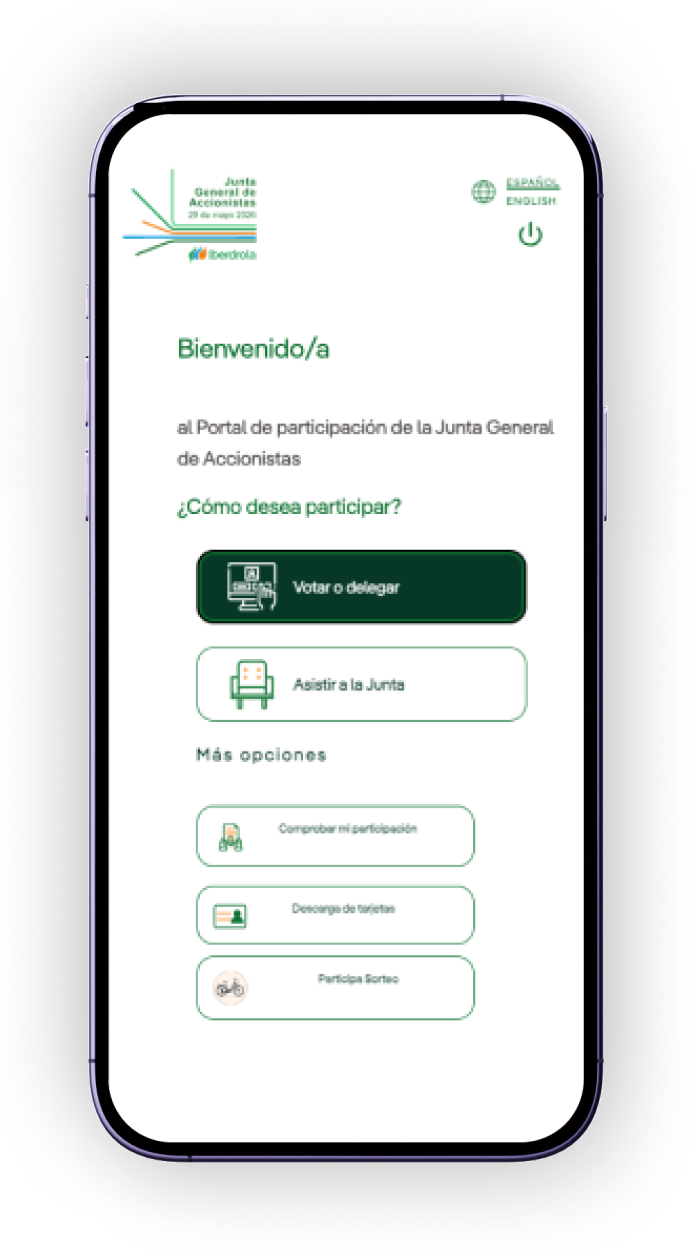 Pantalla del Portal de participación con las opciones de voto o delegación