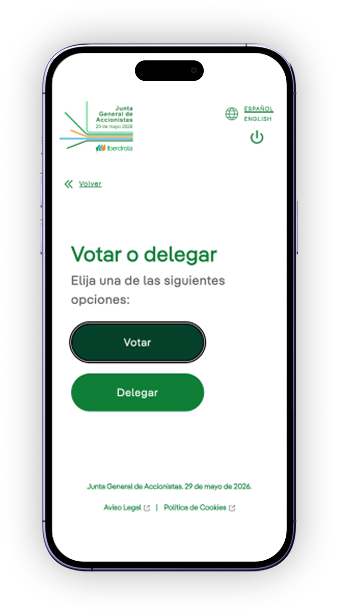 Pantalla del Portal de participación con las opciones de voto o delegación