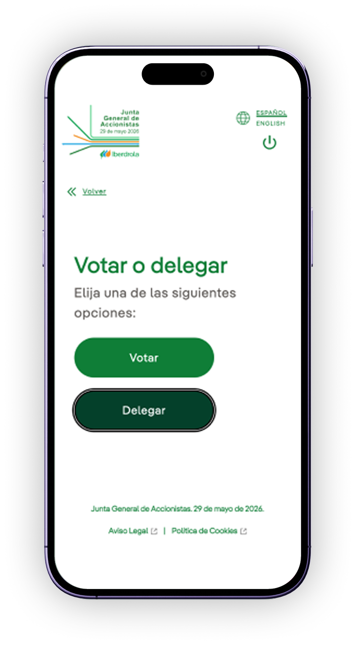 Pantalla del Portal de participación con las opciones de voto o delegación