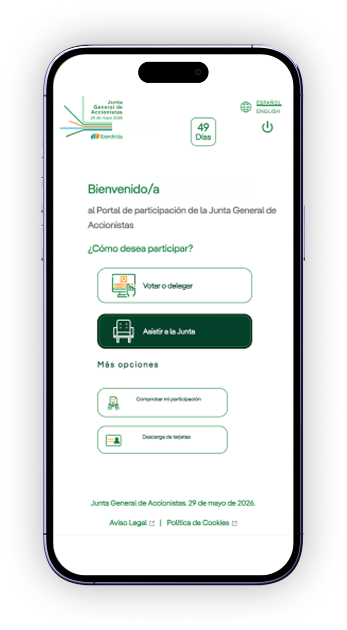 Pantalla del Portal de participación con la opción Asistir a la Junta