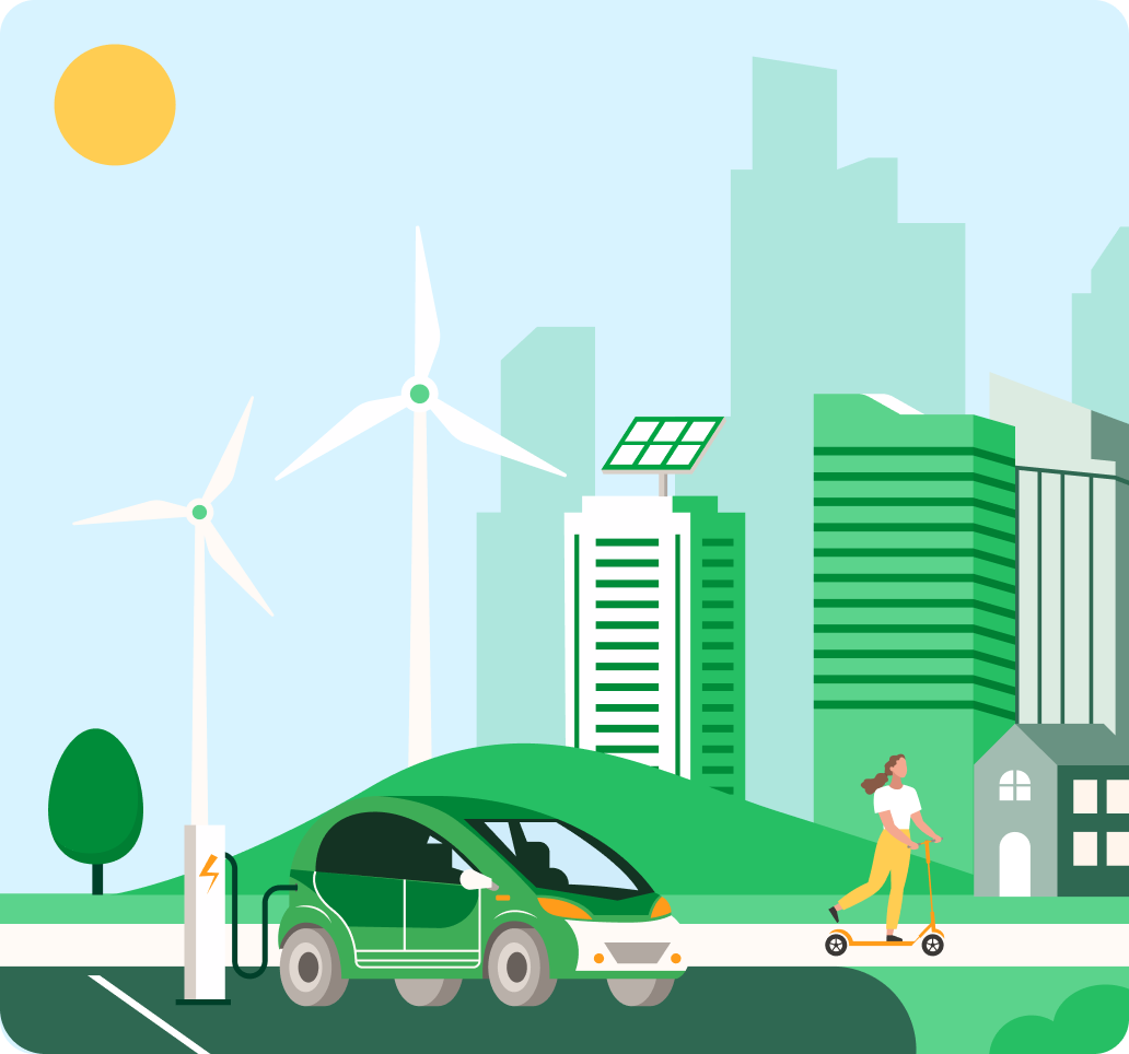 Illustration of a green and sustainable city with people walking in its streets