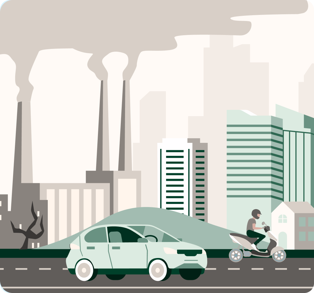 Illustration of a city full of pollution with no people on the streets and dry trees
